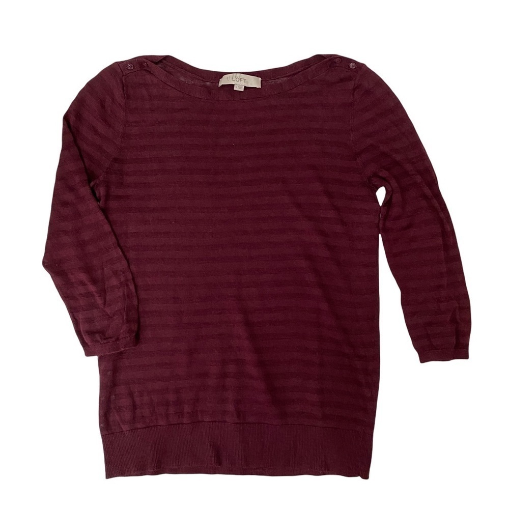 Loft Maroon 3/4 Sleeve Shoulder Button Burn Out Stripes Sweater Sz Med